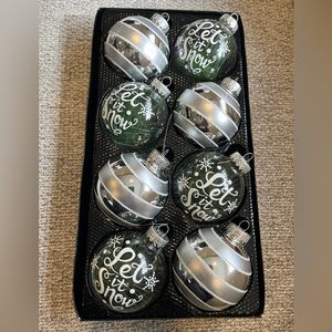 Glass Let it Snow and silver striped ornaments